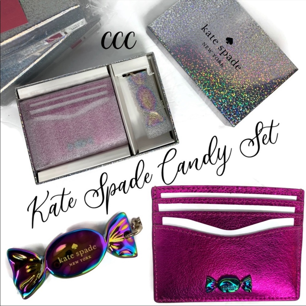Kate Spade Candy Wrapper ID Metallic Pink Card Wallet and Matching Keychain Box